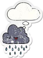 cartoon storm cloud and thought bubble as a distressed worn sticker vector