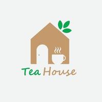 plantilla de icono de símbolo de logotipo de casa de té y tienda con hoja verde y taza de té vector