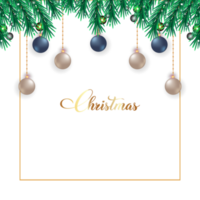 Christmas social media banner PNG elements with realistic pine leaves. Background with leaves and decoration balls. Christmas design on a transparent background.