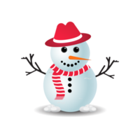 Christmas Snowman PNG with a red hat. Snow falling background with a snowman. Christmas element design with tree branches, a red hat, carrot nose, snowballs, and snowflakes on transparent background.