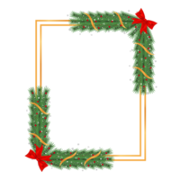 Christmas frame PNG with green pine leaves and red berries. Xmas frame image with golden and red ribbons. Christmas photo frame with snowflakes, lights, and green leaves on a transparent background.