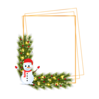 cadre de noël png avec des feuilles vertes sur fond transparent. cadre de Noël avec un bonhomme de neige coiffé d'un chapeau rouge. décoration de cadre de noël avec image png de lumières étoiles.