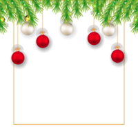 Christmas social media frame PNG with realistic pine leaves. Xmas background with decoration balls. Merry Christmas frame image with typography and glowing snowflakes. Christmas elements.