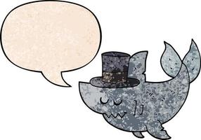 cartoon shark wearing top hat and speech bubble in retro texture style vector