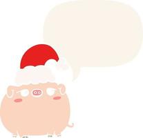 cartoon pig wearing christmas hat and speech bubble in retro style vector