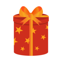 Round gift box PNG image with a dark red color wrap paper and orange color ribbon. Christmas gift PNG on a transparent background. Gift images for Birthdays, anniversaries, or Christmas events design