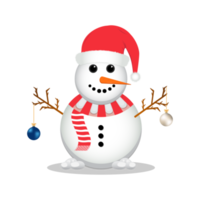 boneco de neve de natal png com um chapéu de papai noel. uma imagem de boneco de neve com bolas de decoração em fundo transparente. design de elementos de natal com bolas de decoração azuis e brancas, nariz de cenoura e bolas de neve.