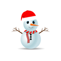 jul snögubbe png med en röd halsduk och hatt. snögubbe bild med trädgrenar. snögubbe med söta ögon, morotsnäsa och en tomtehatt.