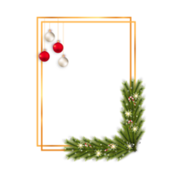 Christmas frame PNG with green pine leaves, snowflakes, and decoration balls. Xmas golden frame image with candy. Merry Christmas decoration elements on a transparent background.