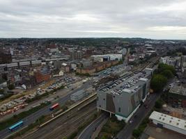 High Angle Footage of London Luton Town and Aerial view of Central Railway Station, Train Tracks of England UK photo