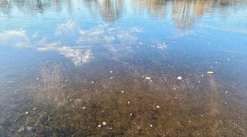 View over frozen lake with reflection of blue sky in clear weather. photo