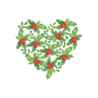 Hand drawn holly plant heart, I love Christmas pattern, traditional winter holidays plant, holly leaves and berries png