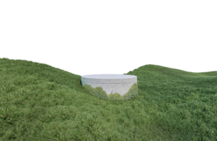 uma imagem de renderização 3d da exibição do produto no campo de grama