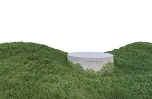 uma imagem de renderização 3d da exibição do produto no campo de grama