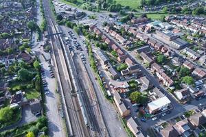 Aerial footage and high angle Train on Tracks at Leagrave Luton City Railway Station and Town of England UK photo