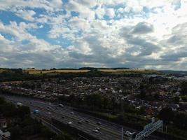 High Angle Aerial view of British Roads and High Speed Motorways at Luton City of England UK photo