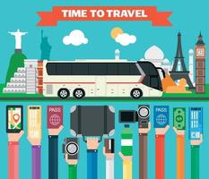 tiempo para viajar diseño plano con bus turístico. vacaciones de verano