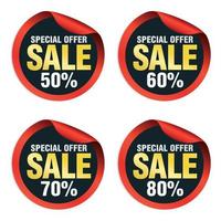 Red colorful sale stickers set 50, 60, 70, 80 percent off vector