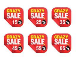Crazy Sale red sticker set with bomb icon. Sale 15, 25, 35, 45, 55, 65 percent off vector