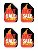 Hot sale. Black stickers set with red flame. Sale stickers 15, 25, 35, 45 percent off. Vector illustration