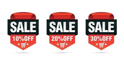 Red set of sale badges 10, 20, 30 percent off with shopping cart vector