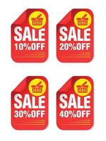 Red sale stickers set with shopping basket. Sale 10, 20, 30, 40 percent off vector