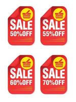 Red sale stickers set with shopping basket. Sale 50, 55, 60, 70 percent off vector