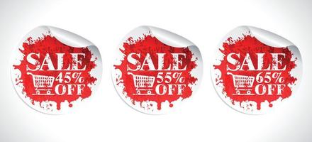 Sale red stickers set. Grunge design concept style. Sale 45, 55, 65 percent off vector