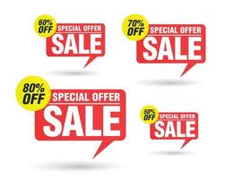 Sale red tag speech bubble set. Special offer 50, 60, 70, 80 percent off discount vector