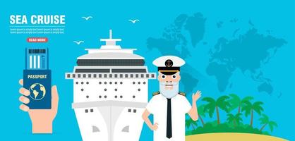 banner de diseño plano de viaje de crucero marítimo con un crucero y capitán vector