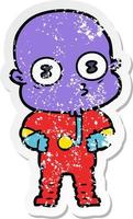 distressed sticker of a cartoon weird bald spaceman vector