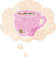 cartoon hot cup of coffee and thought bubble in retro textured style vector