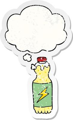 cartoon soda bottle and thought bubble as a distressed worn sticker