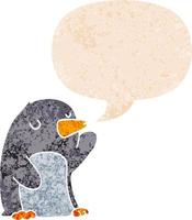 cartoon penguin and speech bubble in retro textured style vector