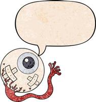 cartoon injured eyeball and speech bubble in retro texture style vector