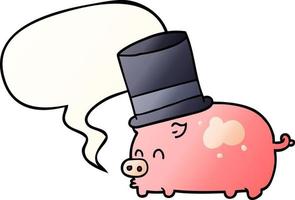 cartoon pig wearing top hat and speech bubble in smooth gradient style vector