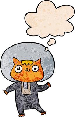 cartoon space cat and thought bubble in grunge texture pattern style