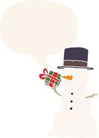 cartoon snowman and speech bubble in retro style vector