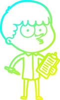 cold gradient line drawing cartoon curious boy taking notes vector