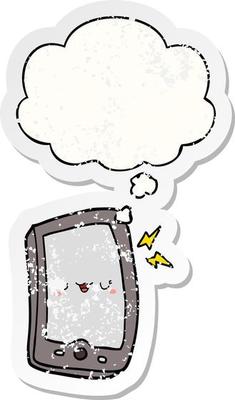 cute cartoon mobile phone and thought bubble as a distressed worn sticker