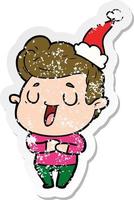 happy distressed sticker cartoon of a man wearing santa hat vector