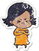 distressed sticker of a cartoon angry woman vector