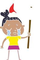 flat color illustration of a crying woman with protest sign wearing santa hat vector