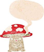 cartoon mushroom character and speech bubble in retro textured style vector