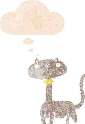 cartoon cat and thought bubble in retro textured style