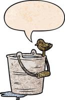 cartoon bird looking into bucket of water and speech bubble in retro texture style vector