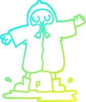 cold gradient line drawing cartoon person splashing in puddle wearing rain coat vector