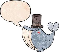 caricatura, ballena, sombrero de copa, y, burbuja del discurso, en, retro, textura, estilo vector
