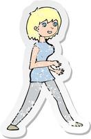 retro distressed sticker of a cartoon woman walking vector