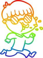 rainbow gradient line drawing cartoon boy wearing spectacles and running vector